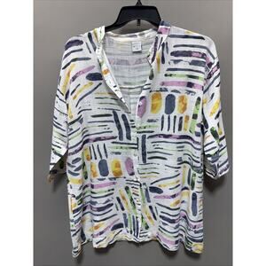 Mitzy White Multi Oversized Artsy Tropical Blouse Shirt Top Women's Small